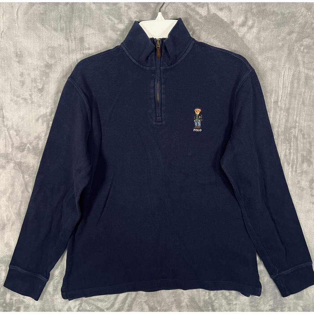 Polo‎ Ralph Lauren Polo Bear Sweater Mens Small Navy Blue 1/4 Zip Pullover Knit